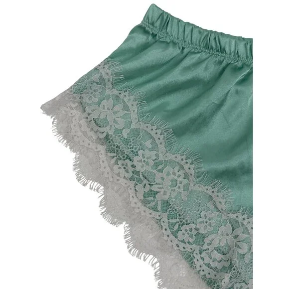 Y2K Croquette Mint French Cut Satin Lace Lounge Shorts Booty PJs Vintage - Picture 2 of 14